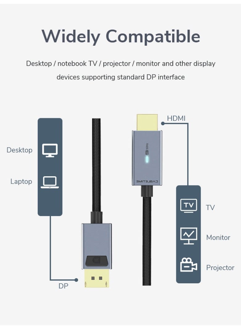 CABLETIME DP TO HDMI CONVERTER CABLE 4K 30HZ DISPLAYPORT TO HDMI MALE TO MALE ADAPTER CORD FOR LAPTOP PC MONITOR TV PROJECTOR GOLD PLATED CONNECTORS HIGH SPEED AUDIO VIDEO COMPATIBLE WITH WINDOWS, MAC & HDTV - Image 2